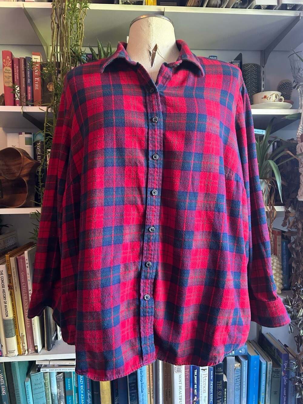Lands' End Flannel Shirt Size 2X womens Red Blue Plaid Button Down